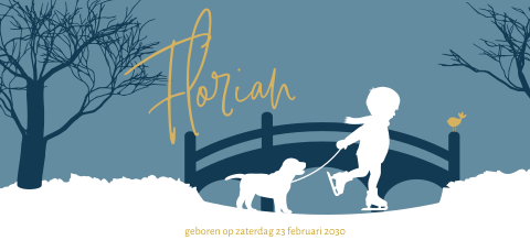 Hip winter geboortekaartje met silhouet van jongen op de schaatsen