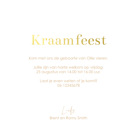 Minimalistisch kraamborrel kaartje met goudfolie