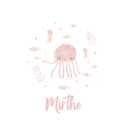 Waterdieren geboortekaartje voor meisje met illustratie kwal en visjes