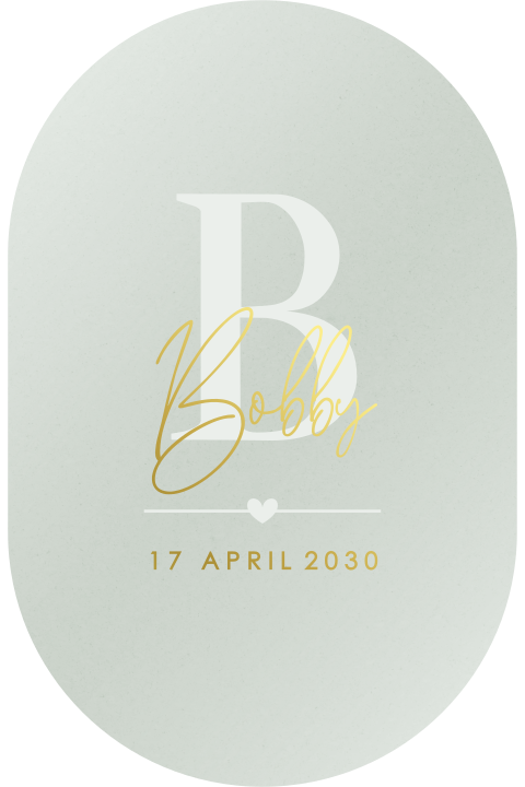 Bijzonder ovaal geboortekaartje met goudfolie en initiaal