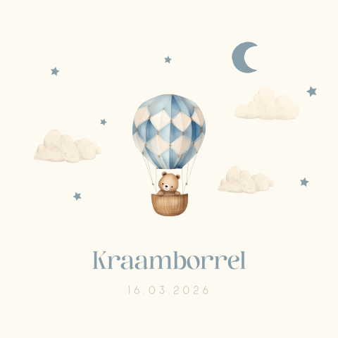 Kraamborrel uitnodiging luchtballon met lief beertje