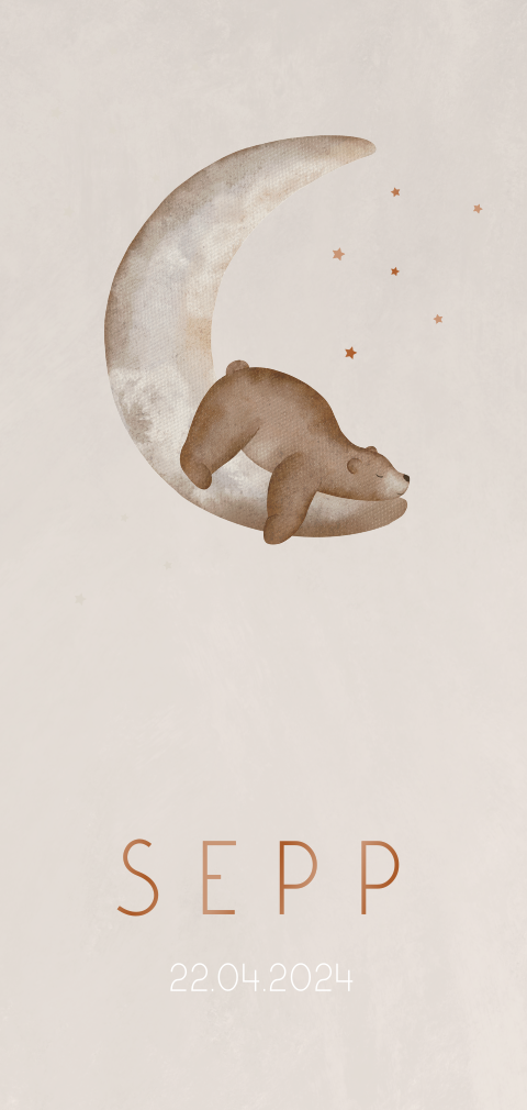 Hooglans geboortekaartje jongen met slapende beer op maan