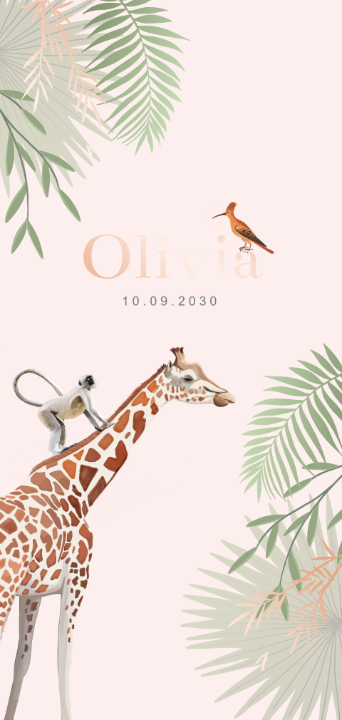 Stoer roségoudfolie geboortekaartje met giraffe voor een meisje