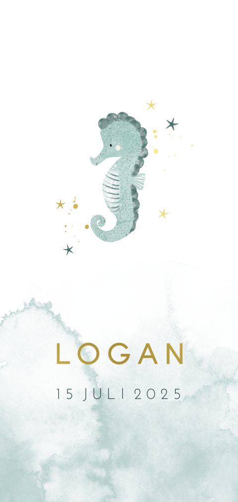 Hip goudfolie geboortekaartje voor jongen met illustratie zeepaardje