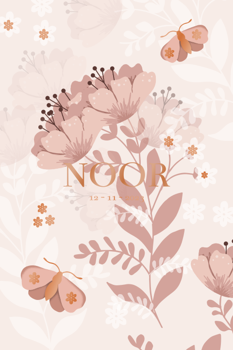 Roze geboortekaartje met hoogglans, bloemen, vlinders en ronde hoeken