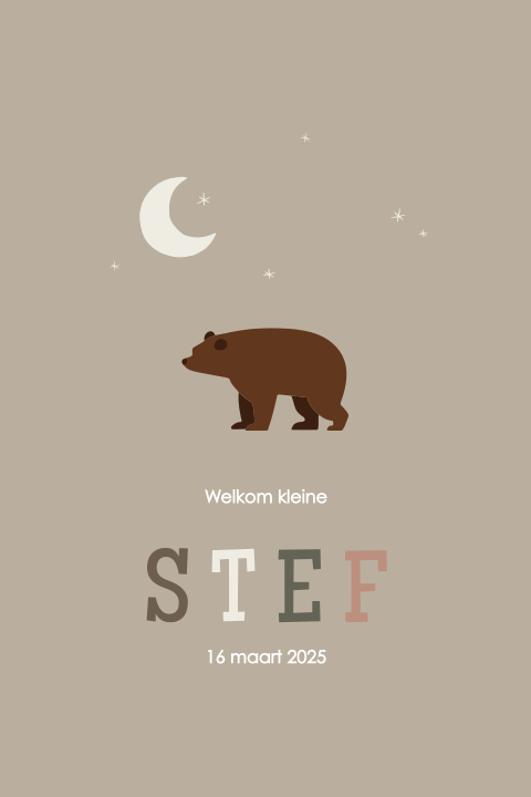 Sfeervol geboortekaartje met beer, maan, sterren en ronde hoekjes