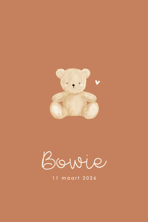 Rondhoek geboortekaartje terracotta met teddybeer