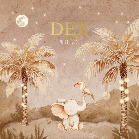 Stijlvol geboortekaartje in jungle thema met naam in folie