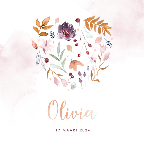 Roségoudfolie geboortekaartje met hart van watercolour bloemen