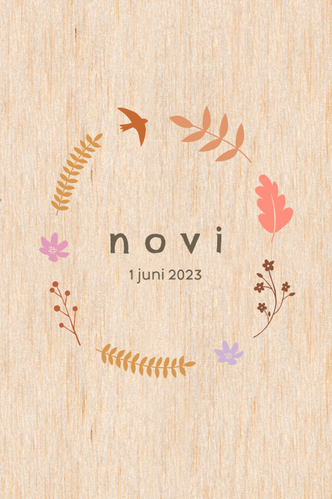 Houten geboortekaartje meisje met vogels en bloemen
