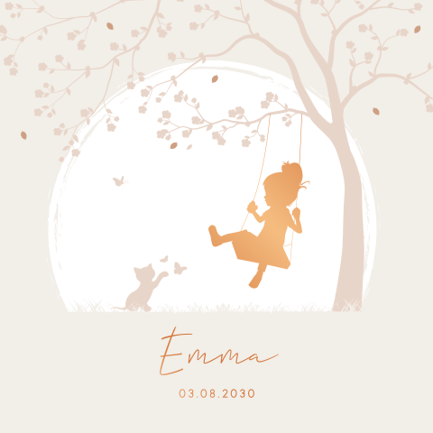 Geboortekaartje meisje met silhouetje op schommel aan boom