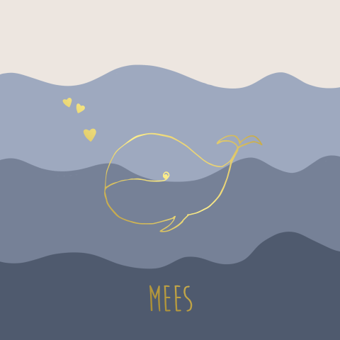 Hip goudfolie geboortekaartje voor jongen met tekening walvisje in zee