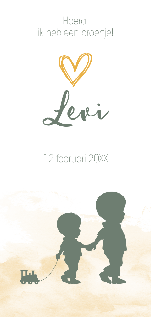 Lief geboortekaartje met silhouet van broertjes en okergele aquarel