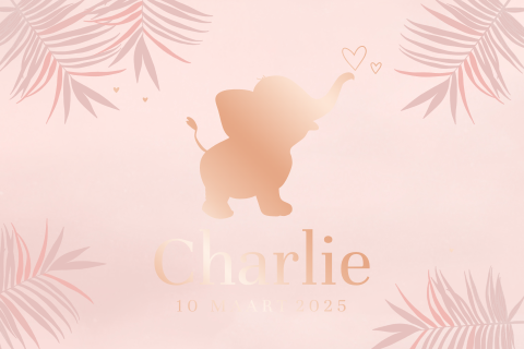 Hip rosegoudfolie geboortekaartje voor meisje met olifant op roze