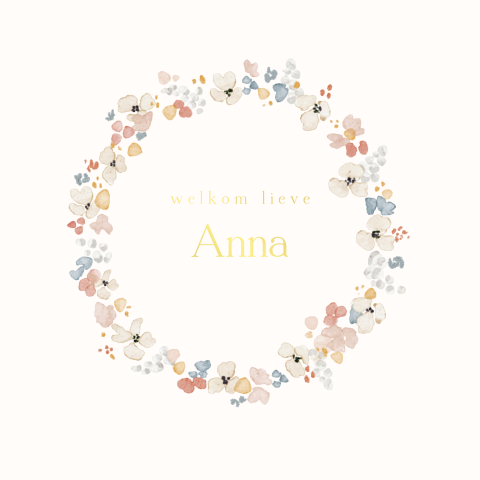 Romantisch geboortekaartje met watercolour bloemenkrans