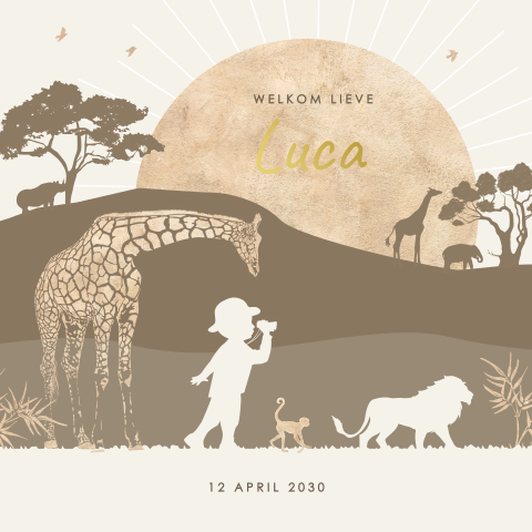 Stijlvol beige geboortekaartje met silhouetje en jungledieren