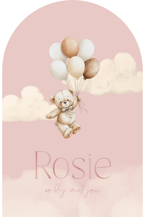 Lief geboortekaartje met beertje aan ballonnen in boogvorm