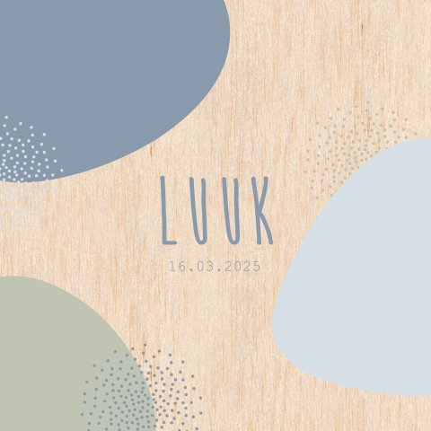 Hip echt houten geboortekaartje zoon met organische vormen