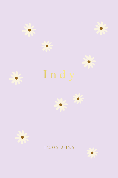 Lief goudfolie geboortekaartje voor meisje in lila met madeliefjes