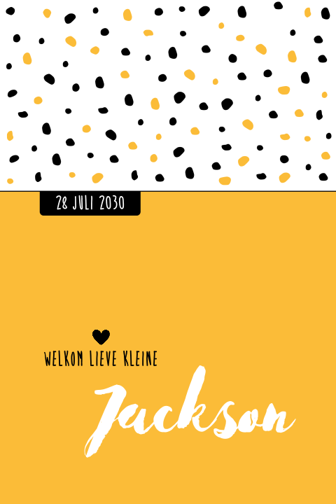 Stoere geboortekaart voor jongen okergeel met zwarte stipjes