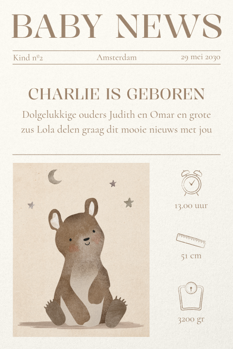 Leuk geboortekaartje in krant stijl met beertje en baby news