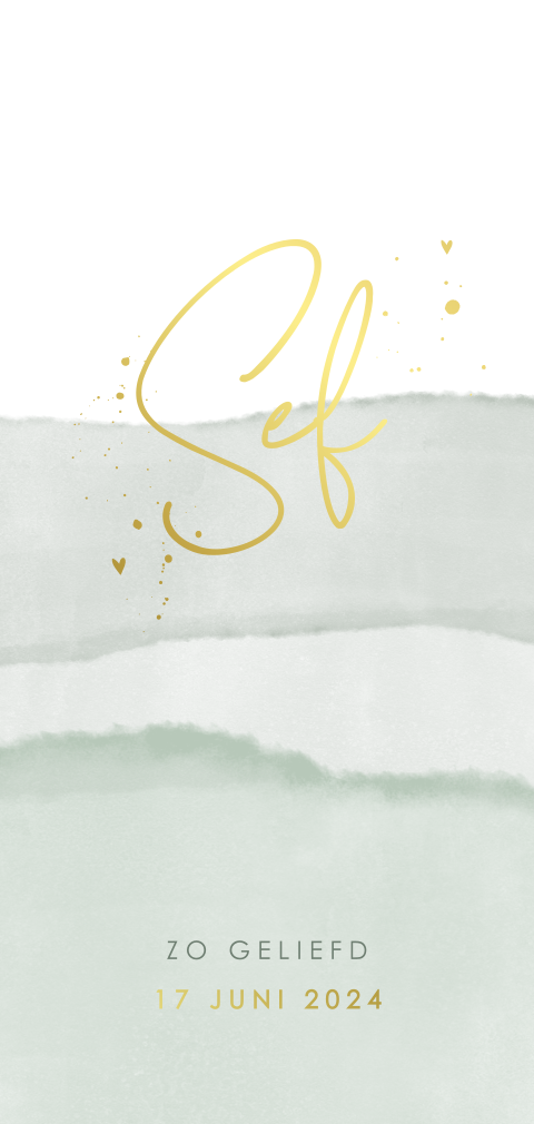 Trendy goudfolie geboortekaartje met watercolour en verfspetters