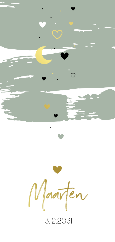 Mooi kaartje met verf vegen, hartjes, stippen en maan, met goudfolie