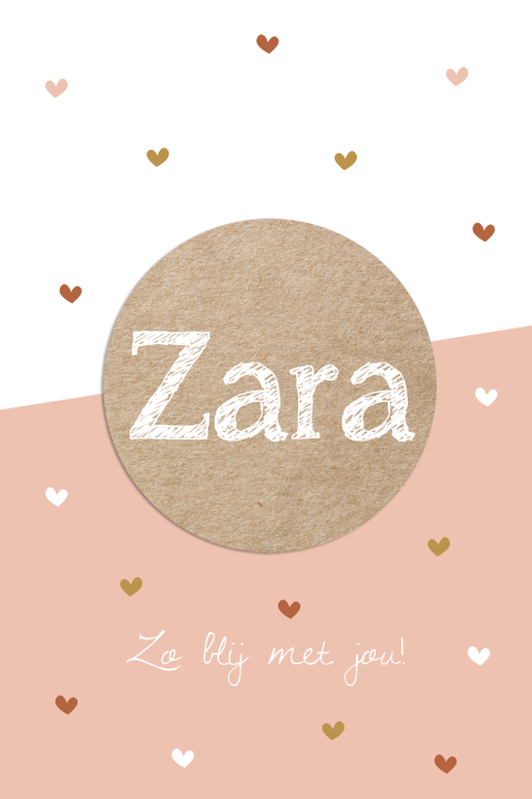 Geboortekaartje voor meisje met geometrische vorm in peach en hartjes