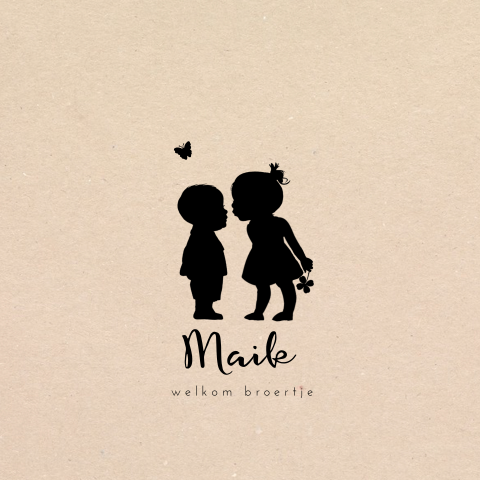 Rondhoek geboortekaartje met silhouet van broertje en zus op kraftlook
