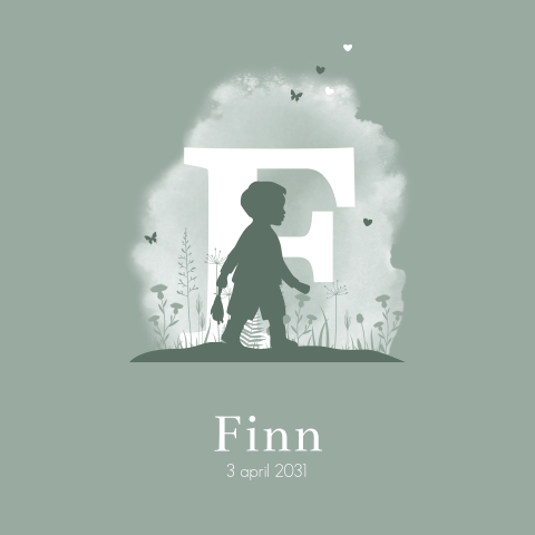 Groen geboortekaartje met watercolour, silhouet en initiaal