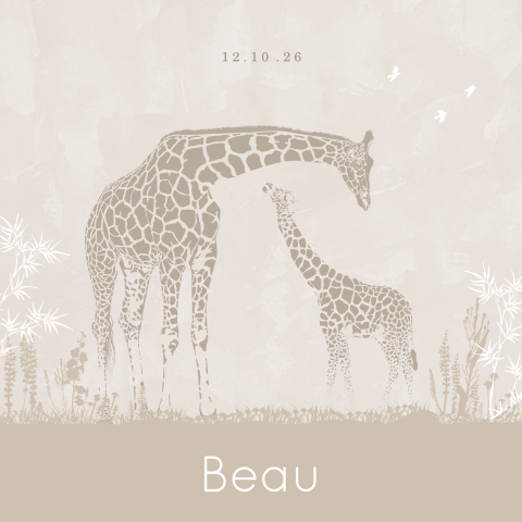 Stijlvol geboortekaartje beige met giraffen