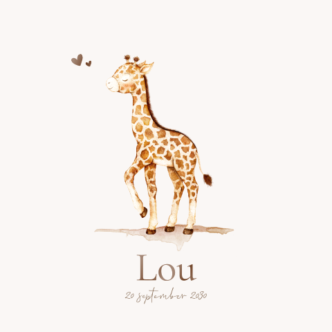 Hoogglans unisex geboortekaartje met illustratie baby girafje