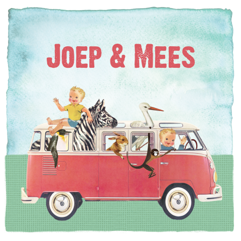 Vintage geboortekaartje met busje en dieren