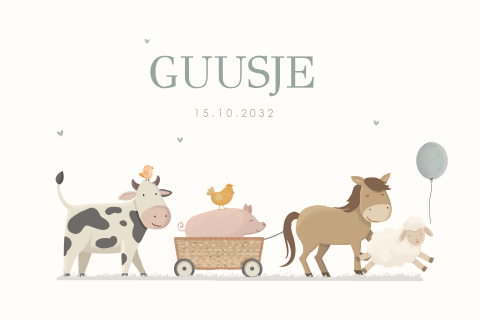 Vrolijk geboortekaartje met parade van boerderijdieren