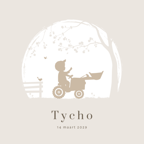 Stoer geboortekaartje met jongen op tractor