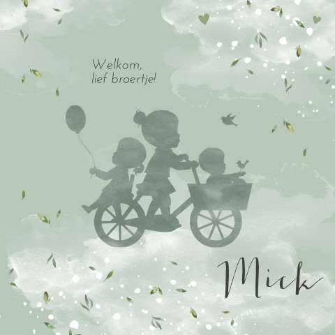Hippe geboortekaart met silhouet van zusjes en broertje op de fiets