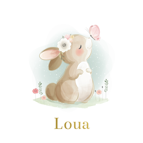 Lief goudfolie geboortekaartje voor meisje met tekening van konijntje