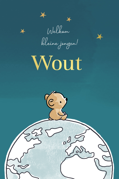 Lief geboortekaartje met goudfolie en beer op wereldbol