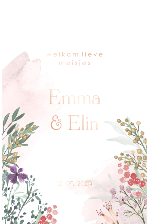 Tweeling geboortekaartje archvorm met watercolour en bloemen