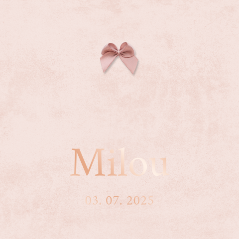 Roze geboortekaartje met roségoudfolie en optioneel écht strikje