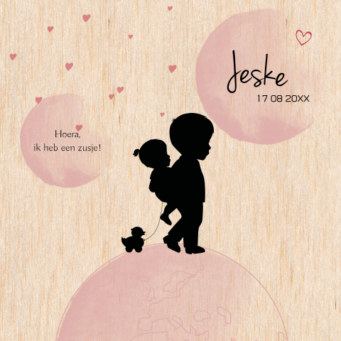 Echt houten geboortekaartje met silhouette, wereldbol en hartjes