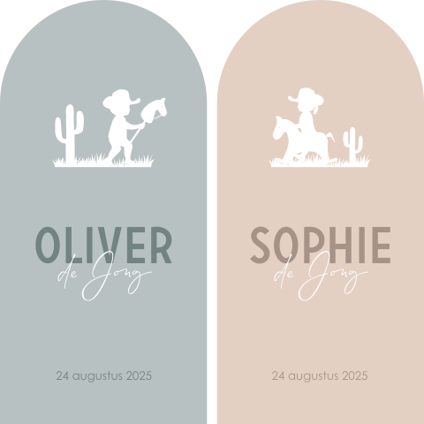 Stoer geboortekaartje in arch vorm met western thema voor tweeling