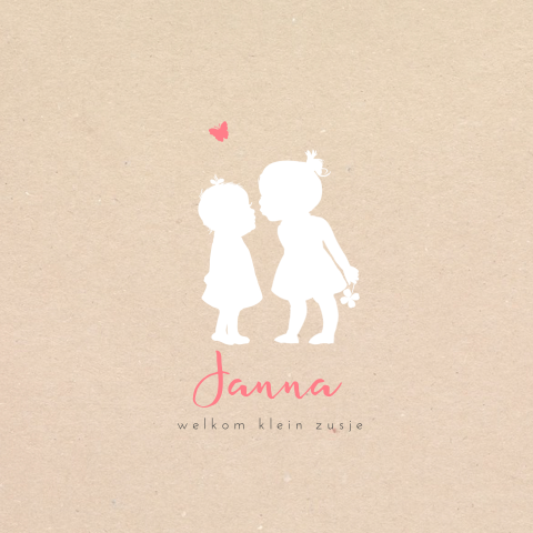 Lief rondhoek geboortekaartje met silhouet van zusjes op kraftlook
