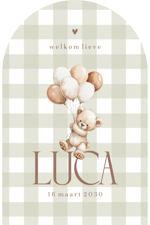 Boog-geboortekaartje met beertje en ruitjespatroon