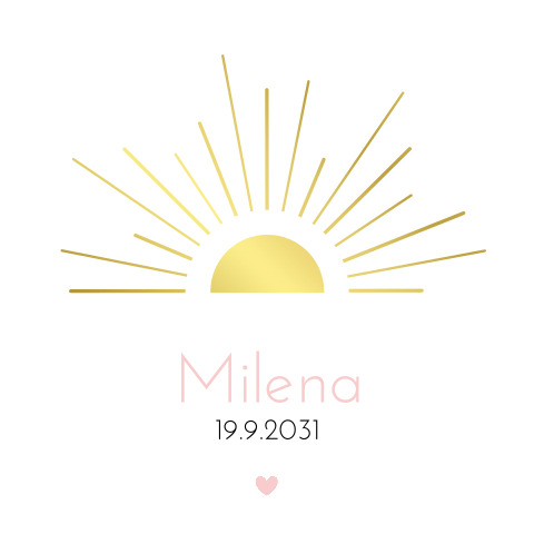 Moderne goudfolie geboortekaart voor een meisje met een halve zon