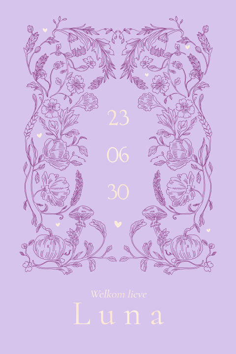 Lief geboortekaartje met lila Folk illustraties 