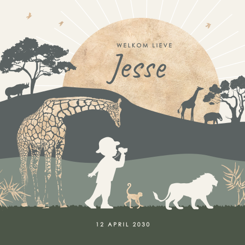 Stoer groen geboortekaartje met silhouetje en jungledieren