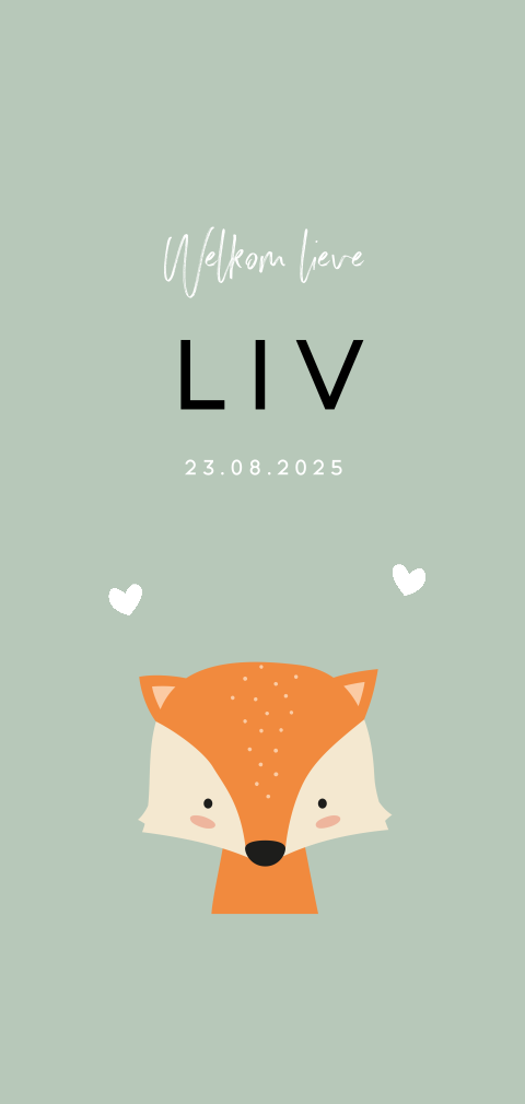 Stoer geboortekaartje voor een meisje olijfgroen met hip vosje