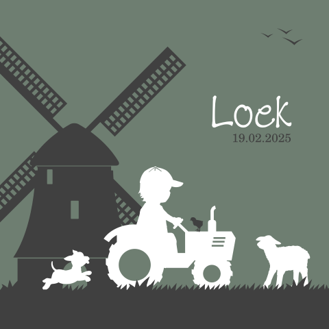 Stoer geboortekaartje met silhouet van jongetje op de traktor en molen