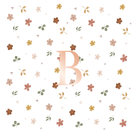 Rosegoudfolie geboortekaartje met initiaal en bloemenpatroon